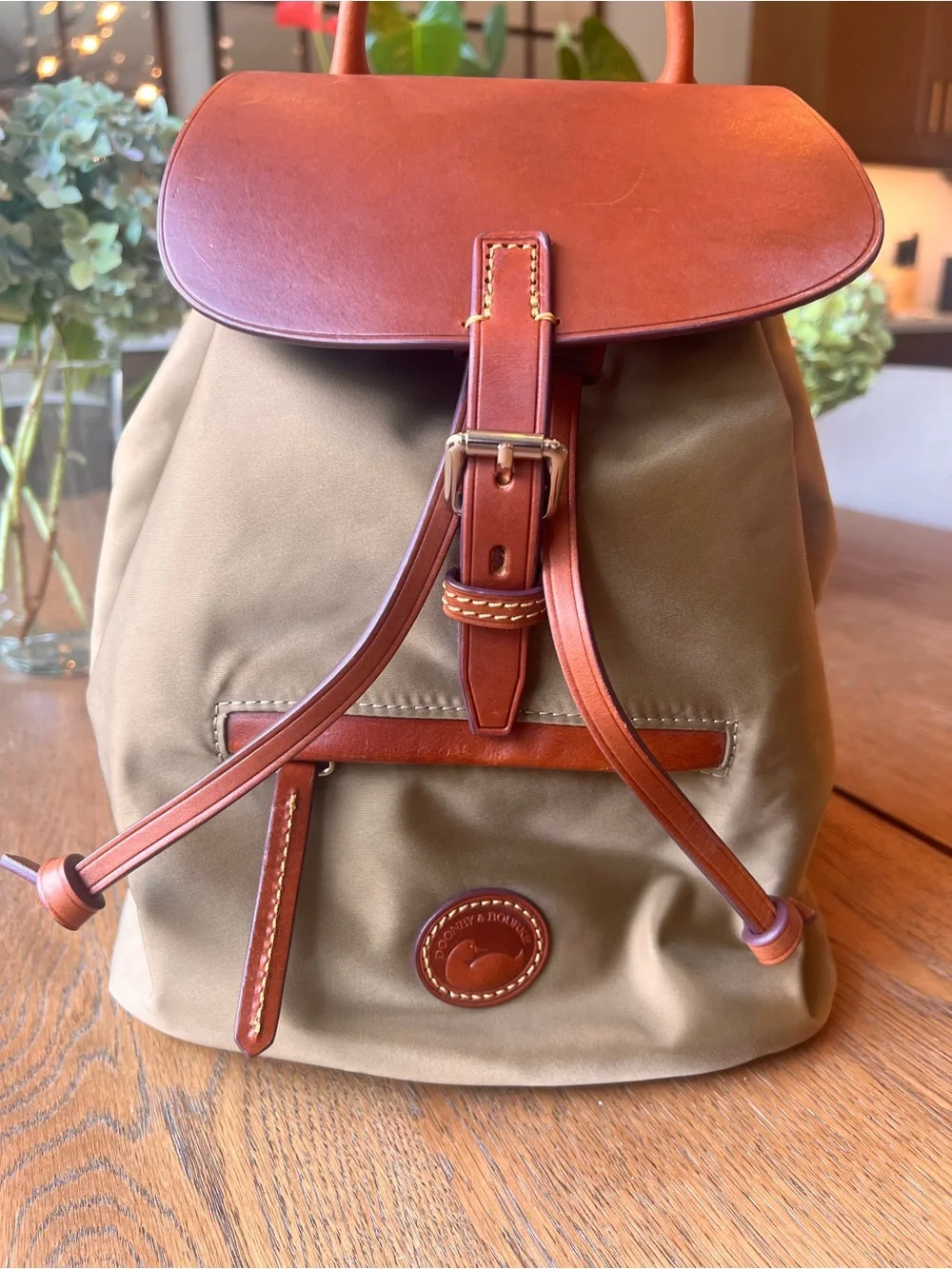 Dooney & Bourke Tan Olive Nylon and Brown Leather top  Old Money Style Backpack